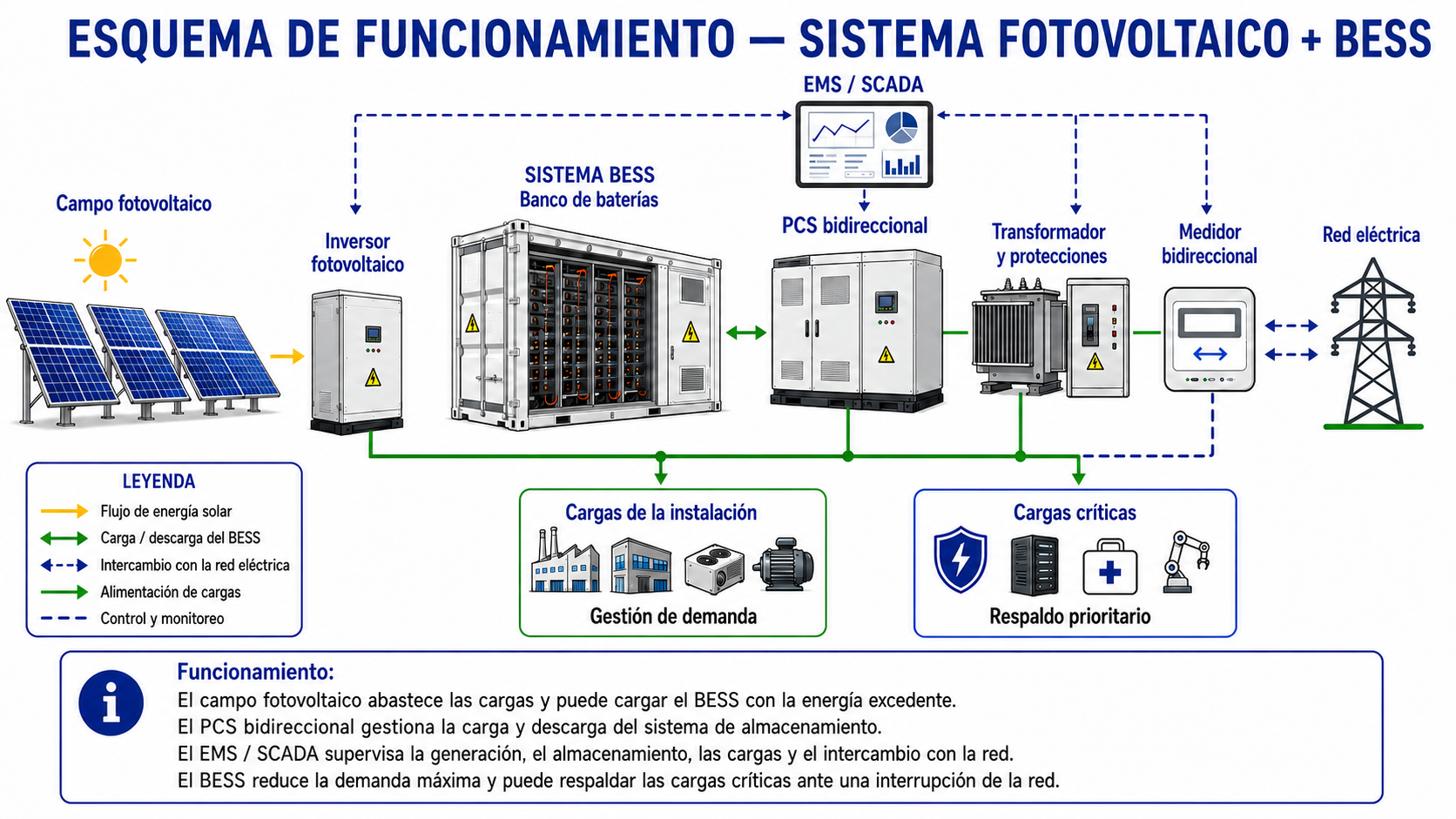 Diagrama de funcionamiento de Sistema fotovoltaico + BESS